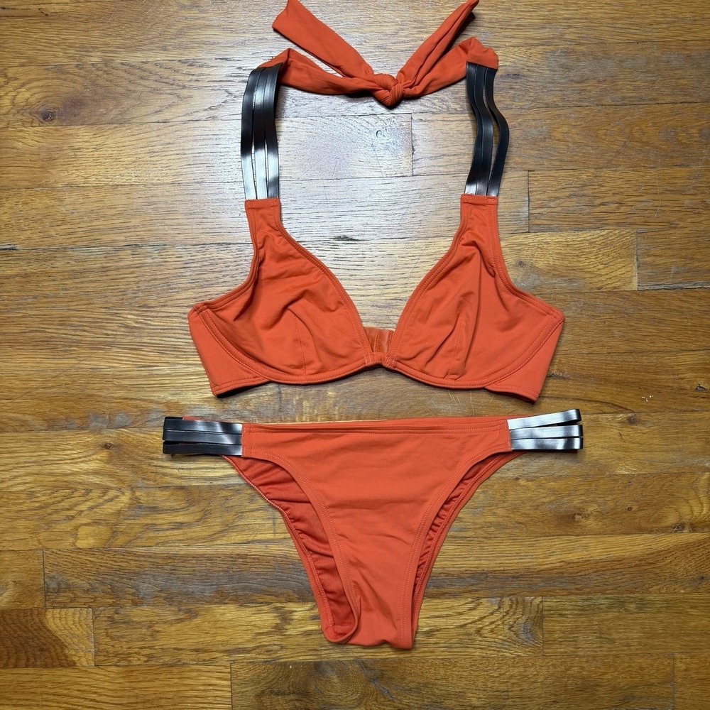 Coco Reef Halter Top Bikini Set Medium Terracotta Orange W/ Silver Strap / Band